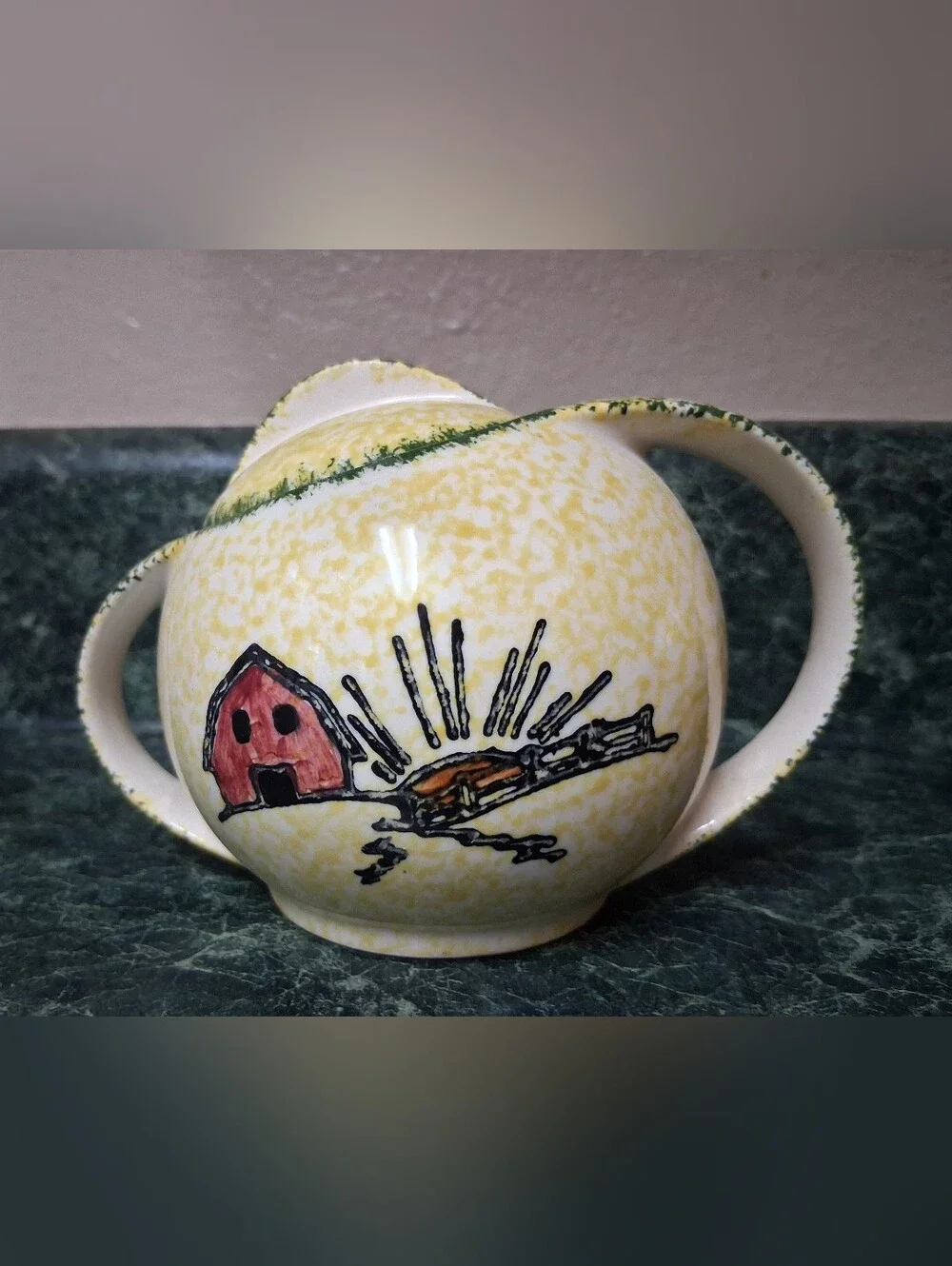 Blue RIdge Southern Potteries Sugar and Creamer Set Red Barn with Sunrise